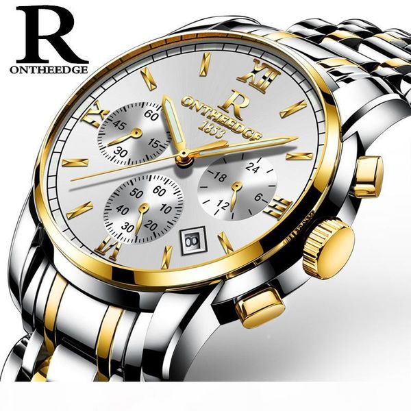 

ontheedge men's watch steel quartz wrist watches luminous hands men male waterproof sports watch relogio masculino, Slivery;brown