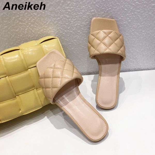 

aneikeh 2020 new brand square toe flat slippers weave pu leather women sandal casual non-slip shoes open toe summer outdoor mule, Black