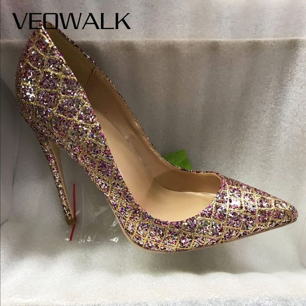 

veowalk plaid sparkly women pointed toe stilettos high heels bling bling wedding shoes ladies shiny party shoes, Black