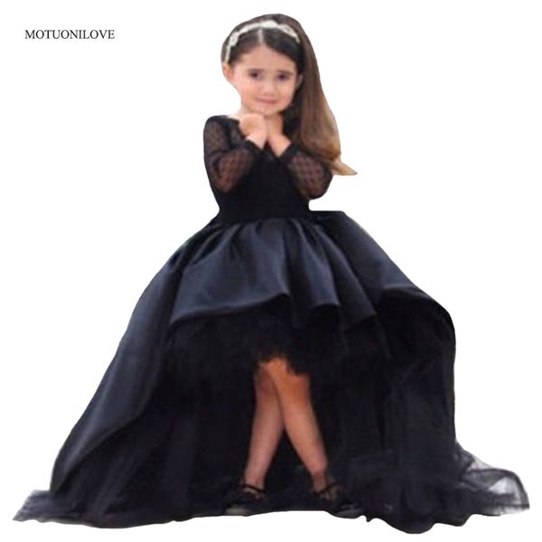 

long sleeves o neck high low princess pageant dresses black short front long back first communion dresses kids party prom gowns, Red;yellow