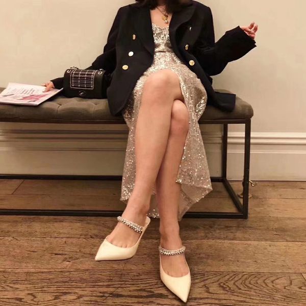 

knockout2020 crystal 8cm high heels decentest chain design decoration brief mules elegant women outside slippers shoes, Black