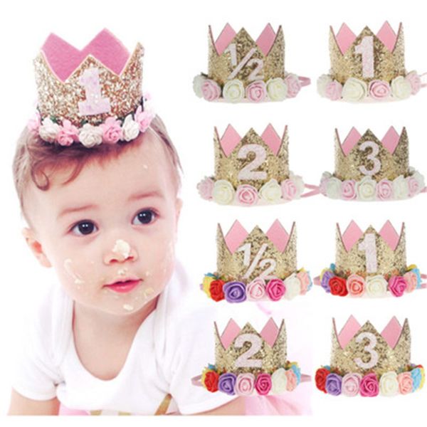 

1pcs baby girl first birthday party hat decorations hairband princess queen crown lace hair band elastic head wear hat gifts