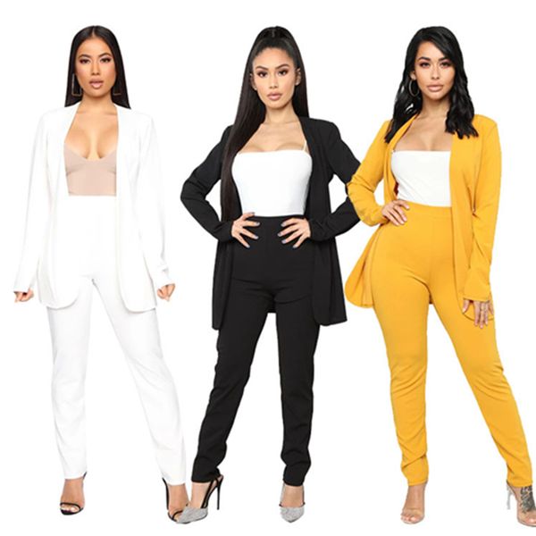 

women's two piece pants women blazer suit elegant trouser 2 ladies business office female solid formal plus size white black