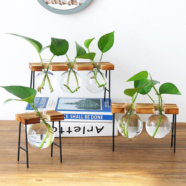 

vases simple nordic glass flower vase tube bottle hydroponic terrarium container holder deskdecoration with wood iron stand