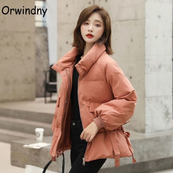 

orwindny autumn warm parkas woman winter jacket sweet ribbons wadded coat female stand collar loose padded clothing for gilrs, Black