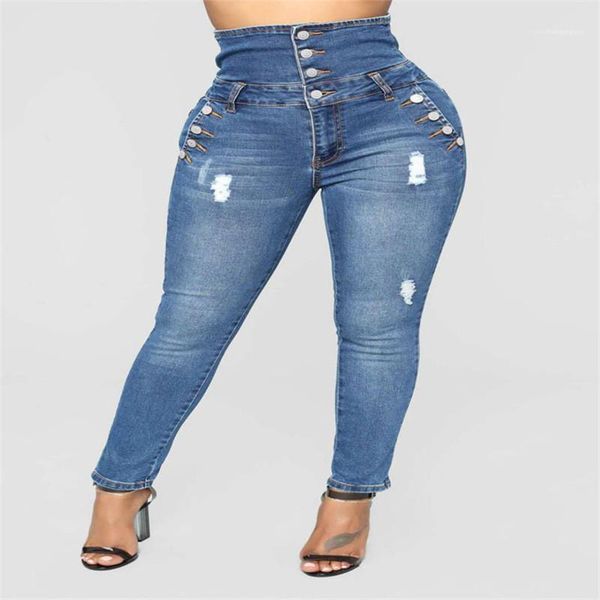 

printed ripped high wasit button single breated pencil pants fashion plus size female clothing autumn womens designer jeans solid color, Blue