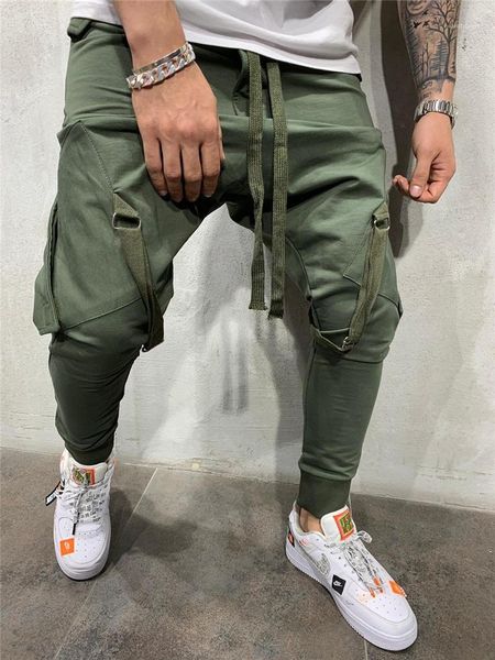 

pockets decoration hip hop drawstring baggy pants homme ankle baned pants designer street style mens pants big, Black