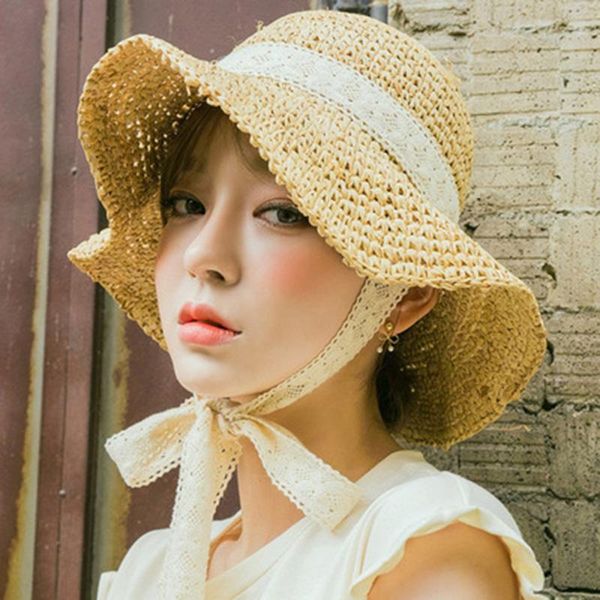 

product straw hats ma'am leisure go on a journey bow straw hat outdoors on vacation sunscreen will eaves sun hat lace edge hot, Blue;gray
