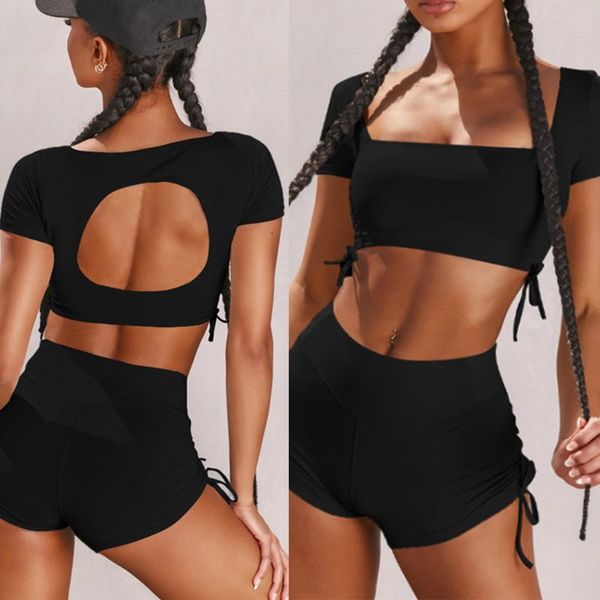 

women crop with shorts set square neck backless ruched drawstring tracksuit, Gray