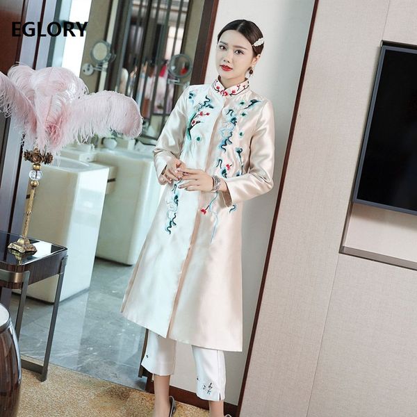 

casacos feminino 2020 autumn casual overcoats women vintage embroidery covered button long sleeve beige dark blue coat trench, Tan;black