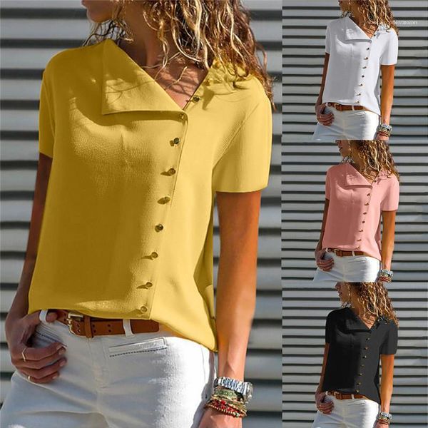 

casual female clothing summer womens designer polos solid color printed v neck button decoration chiffon, White