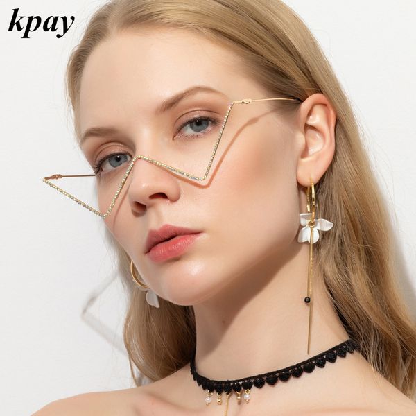 

luxury fashion diamond eyeglasses alloy frame for women gem lensless chain pendant half frame glasses, White;black