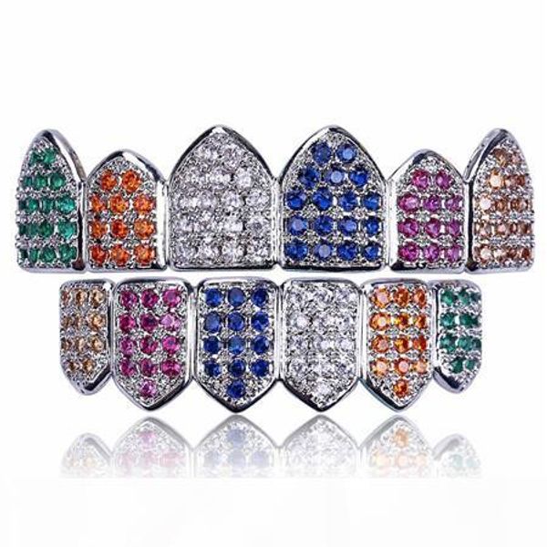 

18k gold multi-color micro pave cz iced out teeth grillz set and bottom hip hop bling jewelry, Black