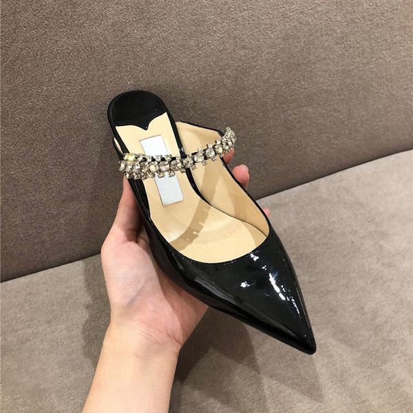 

high heels slippers women sandalias mujer summer mules shoes slingback pumps european rhinestones patent leather ladies slides, Black