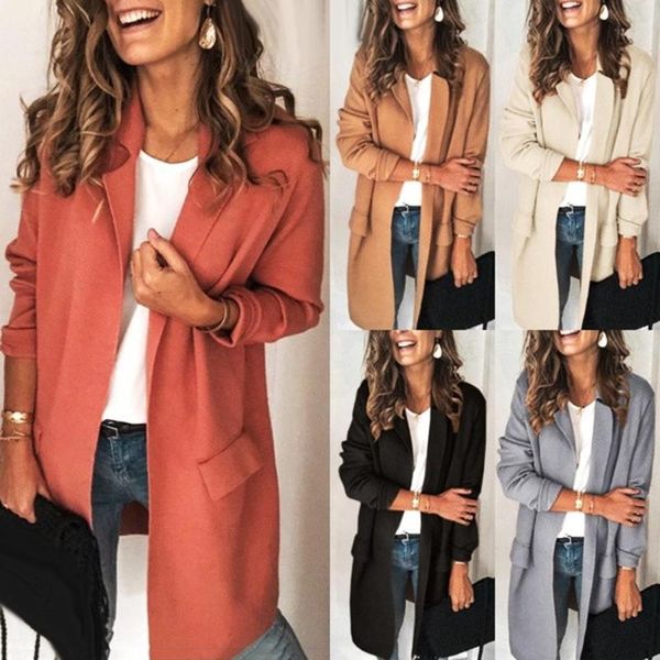 

office lady autumn solid color long sleeve lapel collar pockets decor s-lim fit blazer jacket pull femme nouveaute 2020, Black