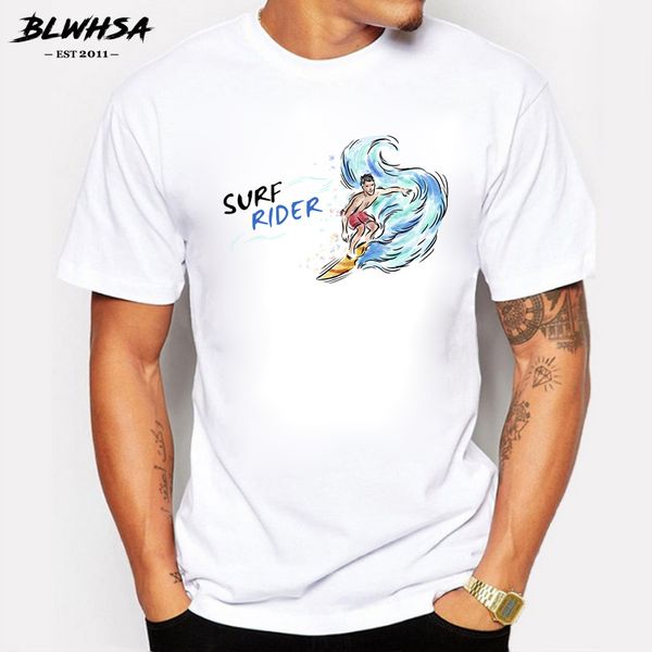 

blwhsa short sleeve o-neck men's t shirt stimulating challenge surfrider print t-shirt for men casual cotton white tee