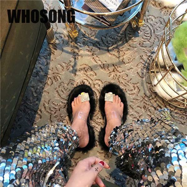 

2020 summer women real fur slippers woman rhinestone flats girls beach slides ladies outside shoes female soft brand mules new, Black