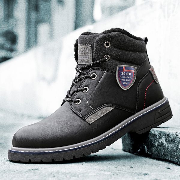 

men snow boots warm plush winter boots waterproof leather men ankle outdoor non-slip hiking black sneakers
