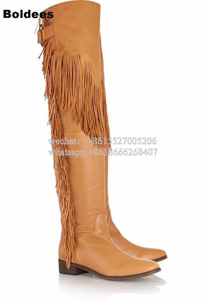 

fashion yellow designer back buckle with tassel leather over the kness boot women fringe gladiator round toe long boots, Black