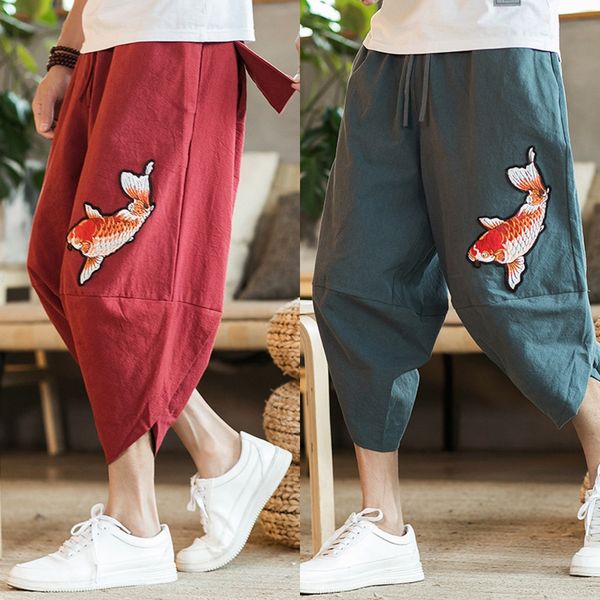

2020 summer chinese style linen capri men's youth large size wide leg binding feet harlan cotton pants casual pantsshorts casual pants, Blue