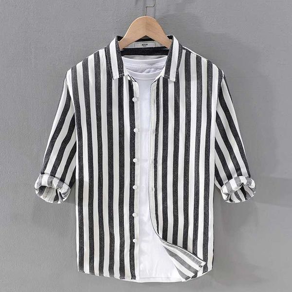 

men's casual shirts 2021 summer three-quarter sleeve striped cotton shirt men brand for fashion comfortable mens chemise, White;black
