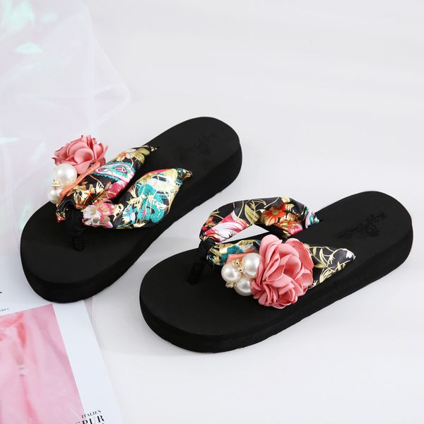 

women flip flops 2020 fashion summer beach holiday flip flops flowers casual comfortable wedges women shoes, Black