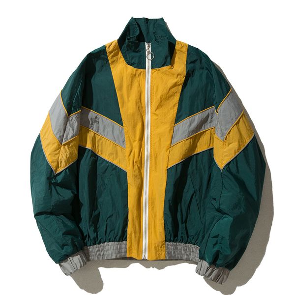 

hip hop patchwork cargo jackets men streetwear color zipper jacket coats loose windbreaker outwear, Black;brown