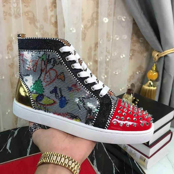 

men red bottom casual shoes flat spikes red soles suede leather women fashion low leisure shoes with box party outdoor, Black