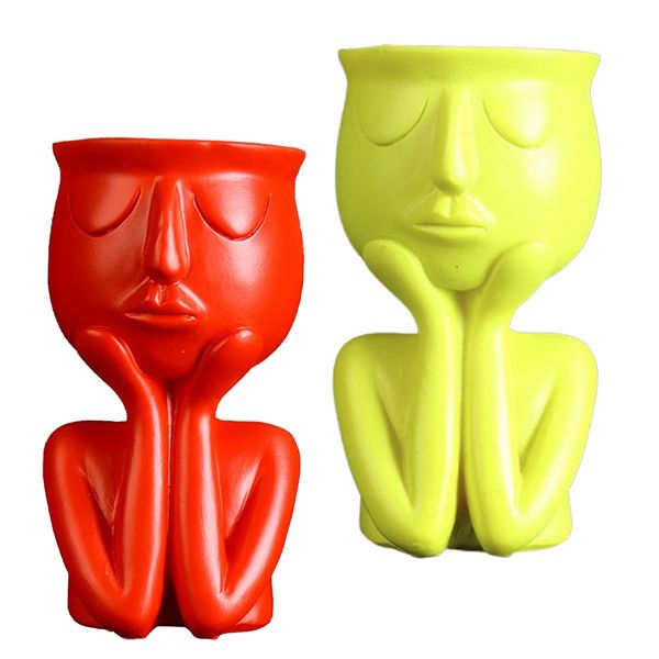 

human portrait sculpture flower pot vase succulent cactus planter red/yellow