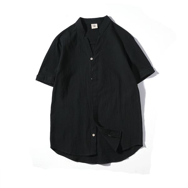

2020 new men's linen shirt short sleeve cotton linen shirt white summer dress loose collar pure color 9040, White;black