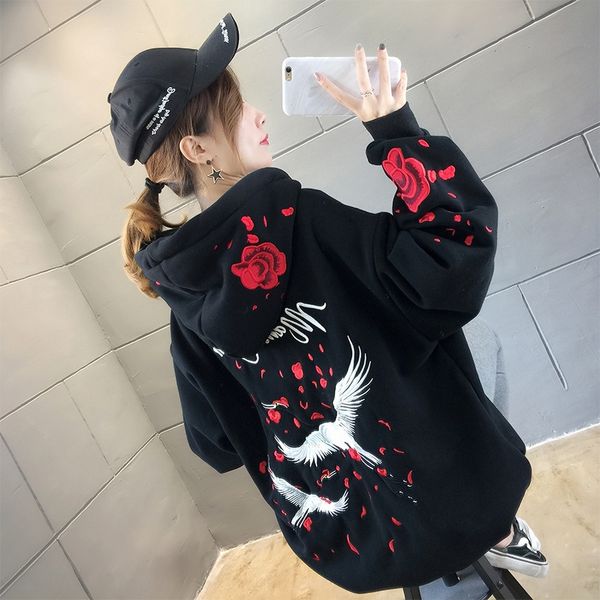 

2020 autumn new coat sweaterembroidered sweaterlarge size loose crane embroidered hooded sweater women's long sleeve thin coat korean s, Black