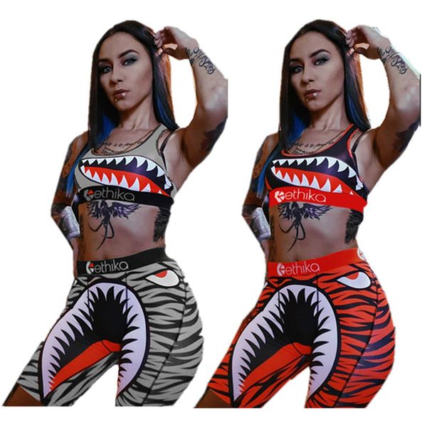 

fashion women swimsuit summer beachwear vest sports bra + swim shorts two piece outfits shark print swimwear bodycon bikini suit s-2xl, White