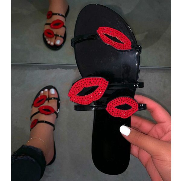 

2020 fashion lips bling rhinestone women slippers black gold outside female summer shoes large size 37-42 ladies slides