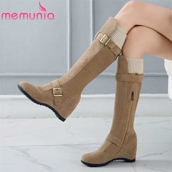 

boots memunia 2021 arrival knee high women flock buckle round toe wedges shoes autumn winter long female big size 43, Black