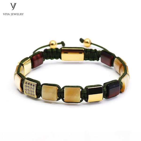 

luxury gold цвет мужчины браслет золотой тигр глаз квадратные бусины pave установка шариков плетеный браслет макраме ювелирные изделия для м, Golden;silver