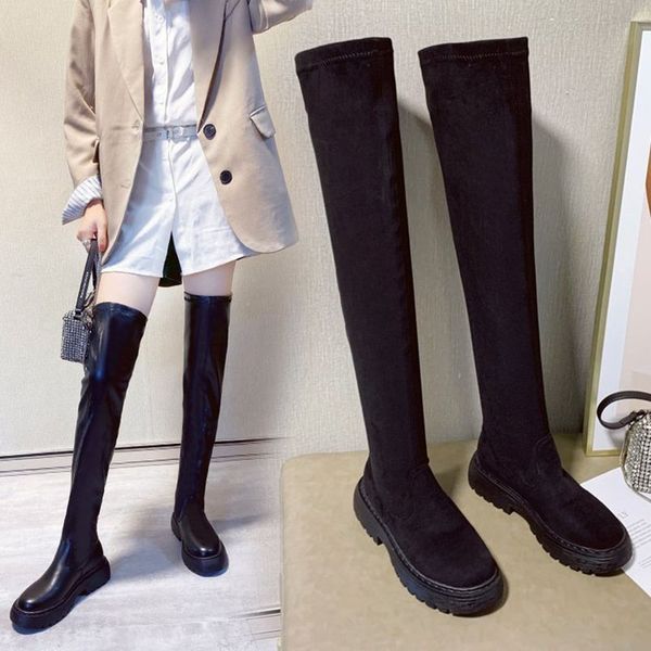

boots winter shoes for woman over the knee women black suede leather thigh high slip on platform botas de mujer