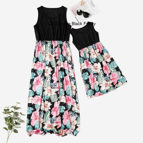 

mother daughter dresses floral printed sleeveless long gown party dress summer mommy and me clothes family matching clothes, Blue