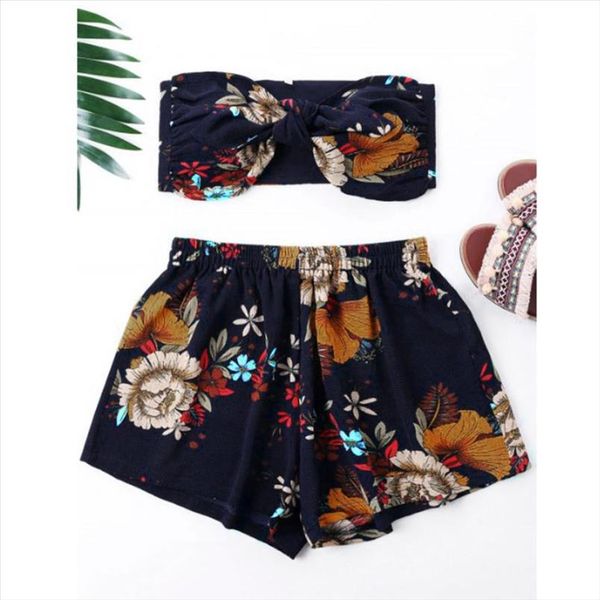 

feitong 2pcs fashion womens set bow floral printed off shoulder tank vest wide leg shorts sets summer female set, Gray