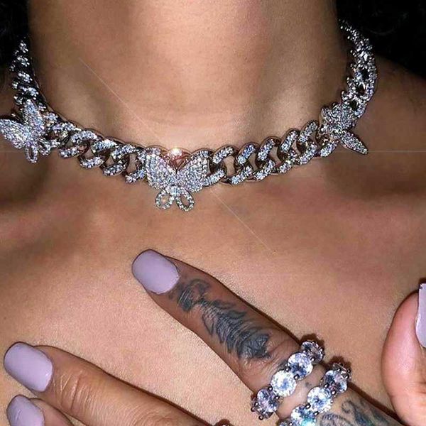 

10mm cuban cz rotate butterfly bracelet iced out cz anklet&necklace gold silver color bling hip hop for women men jewelry set