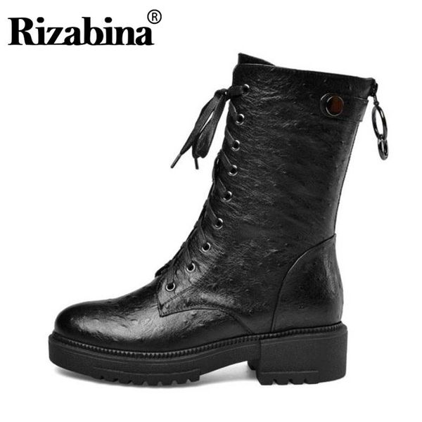 

rizabina women half short boots winter real leather zipper square heels platform shoes women lace up casual footwear size 34-39, Black