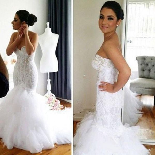 

2020 new lace mermaid wedding dresses crystals sweetheart backless tiered tulle formal bridal gowns long vintage bride wear, White