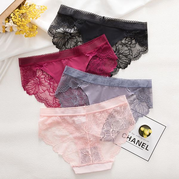 

wasteheart women purple red cotton lace bottom low waist panties hollow underwear lingerie briefs perspective underpants  l xl, Black;pink