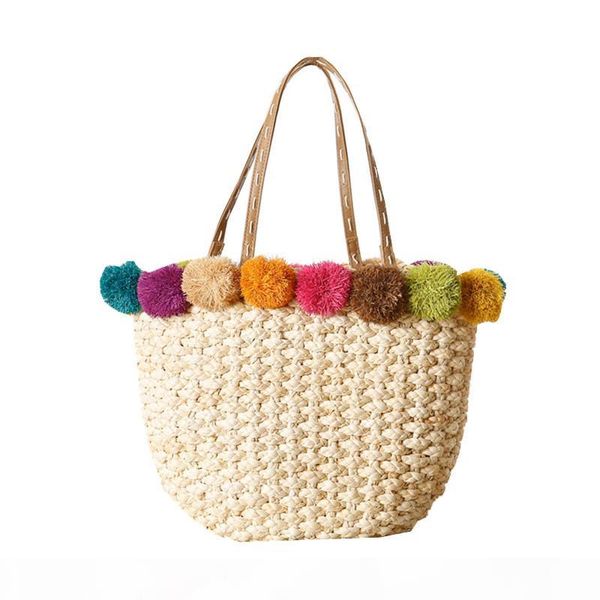 

beach bags handmade pom ball handbags straw bag summer bohemia holiday shoulder bags for women straw shopping tote c34