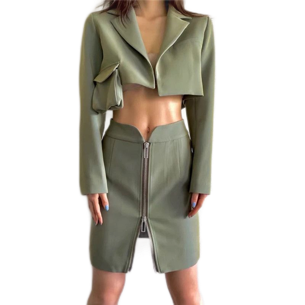 

minority design sense green pocket short suit flight attendant zipper texture slim skirt flying temperament suit fashion, White