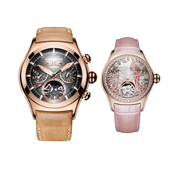 

reef tiger aurora air bubble ii rose gold automatic mens watch and aurora parrot pink dial women watch set, Silver