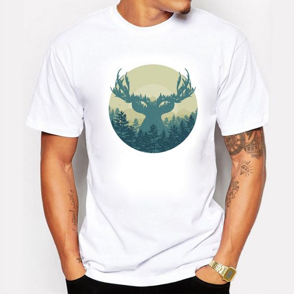 

лето мужчины белые футболки elk forest ситец swag фантазия туман лес tshirts мужской короткий рукав фитнес tshirts