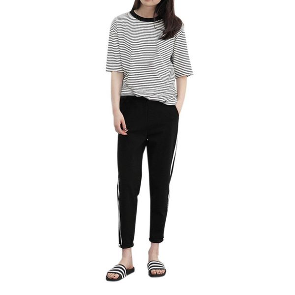 

popular fashion women side stripes harem pants women black casual high waist pants drawstring trousers pantalon femme, Black;white