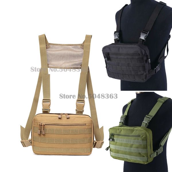 

hunting jackets tactical chest bag hip hop streetwear pouch adjustable molle front pack vest backpack mesh combat harness, Camo;black