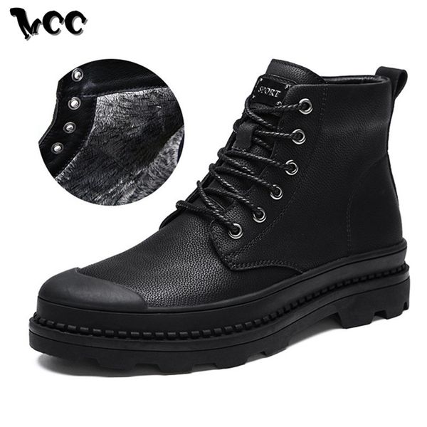 

new men tooling boots with fur winter warm snow boots lace-up high casual shoes real leather waterproof retro solid black