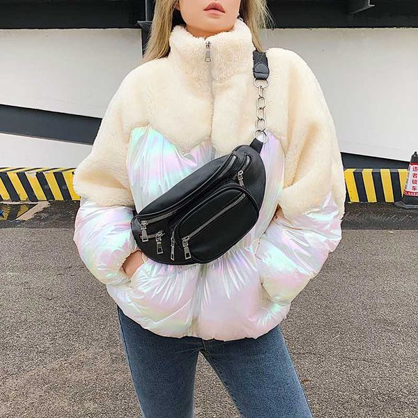 

autumn winter coat women lamb bright color spliced cotton padded jacket women zipper high collar warm jacket streetwear m266, Black